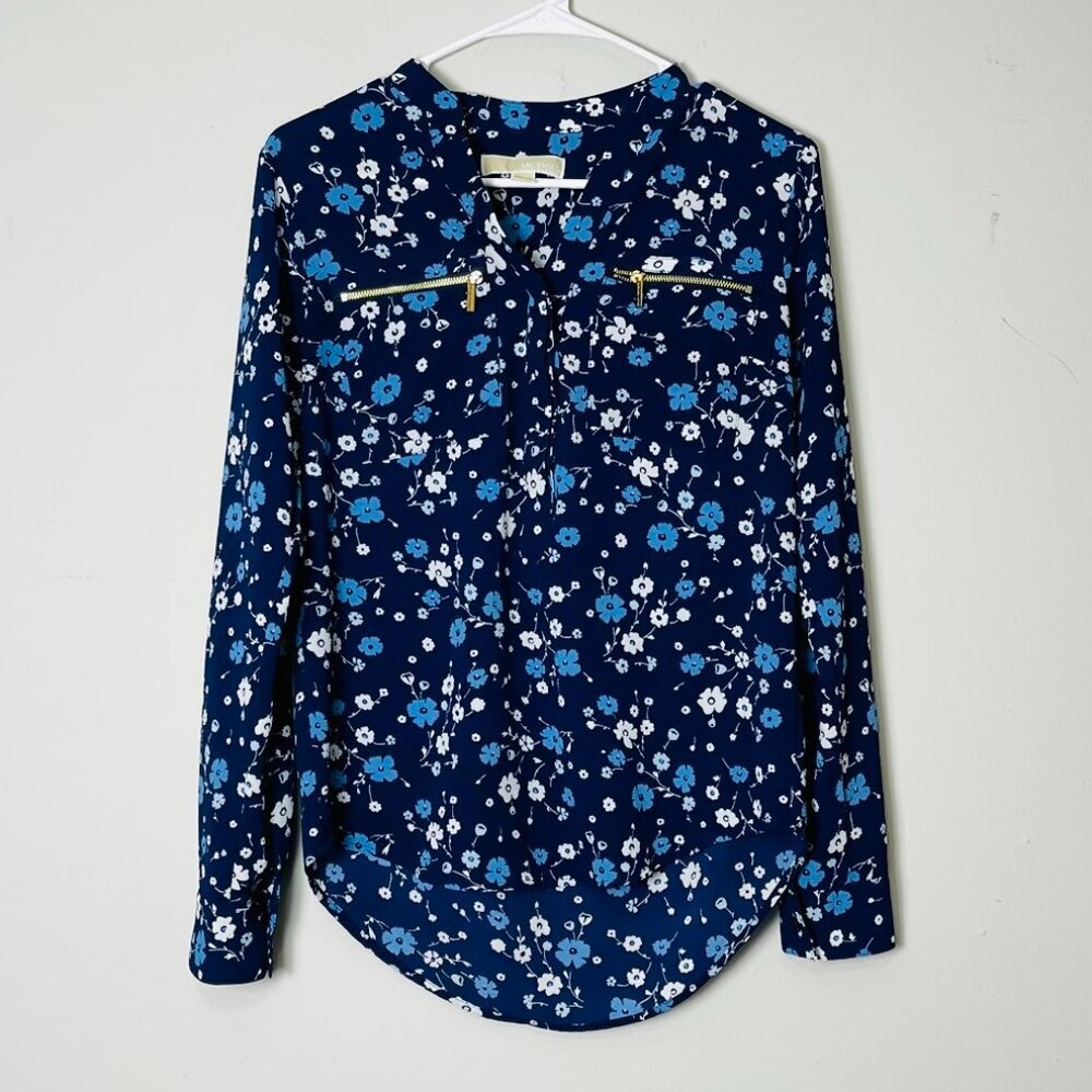 Michael Kors Floral Blouse Women's XS Blue Long Sleeve Gold Zipper Detail Top‎